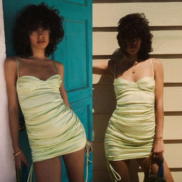 ✨NWT Zara Lime Green Satin Ruched Bustier Mini Dress Size XL Blogger Favorite - Picture 10 of 12